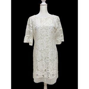 Lauren Ralph Lauren White Lace Sheath Dress 3/4 Sleeve Crochet Hem Size 8